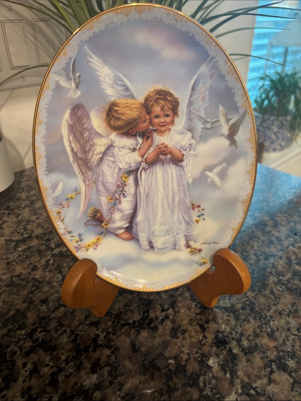 Cherubic Angel Oval Decorative Plate in White and Gold Trim